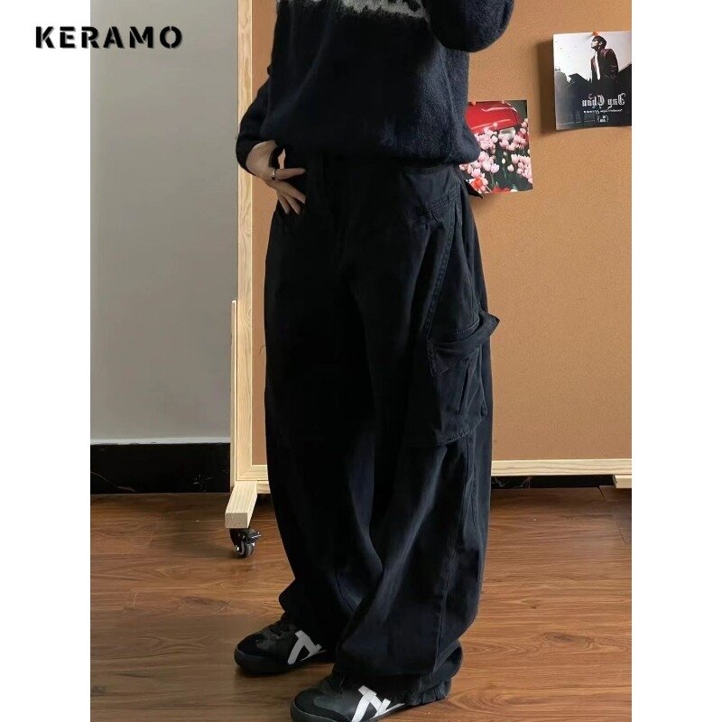 Pantalones vaqueros holgados de pierna ancha para mujer, vaqueros de estilo informal Harajuku Vintage de cintura alta, color azul, Y2K, Punk, 2024