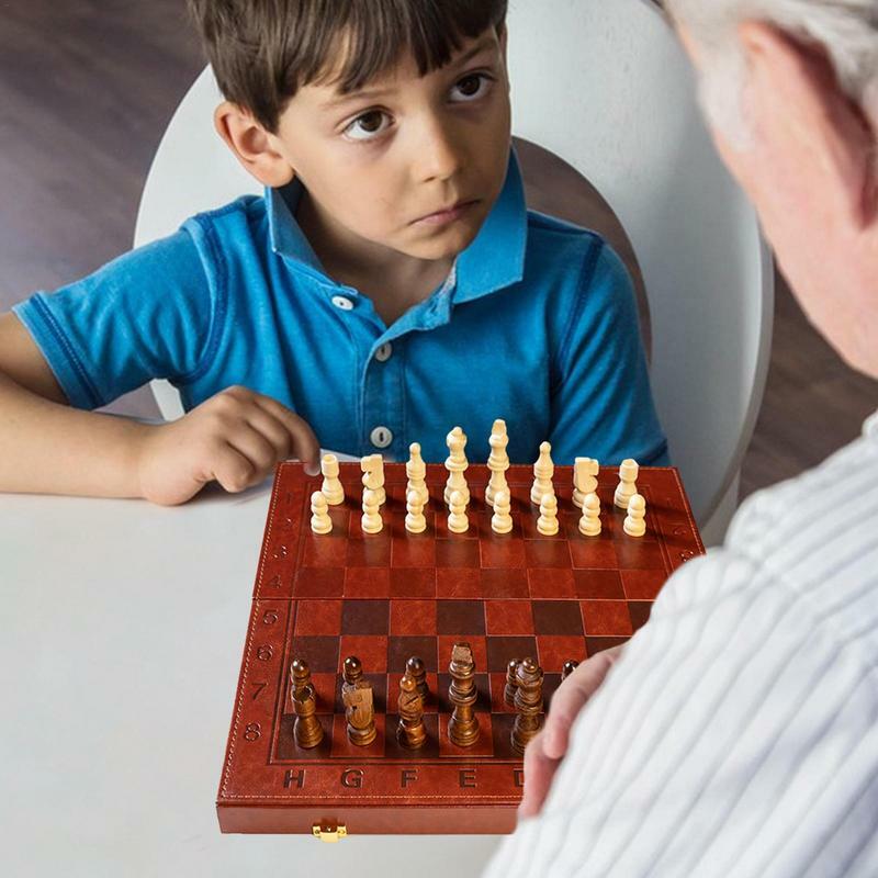 Juego de tablero de ajedrez de madera para niños, caja de cuero de madera, tablero de ajedrez no magnético, plegable, portátil, versión estándar, juego de mesa, diversión al aire libre