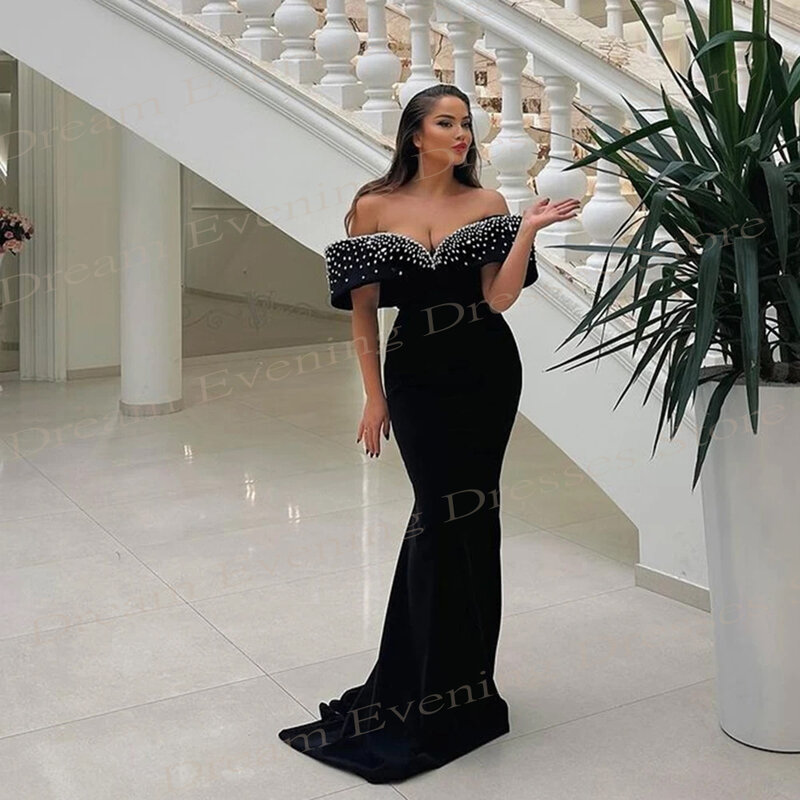 Abiti da sera formali a sirena nera araba perline di raso con spalle scoperte abiti da ballo Vestidos De Fiesta Elegantes Para Mujer 2024