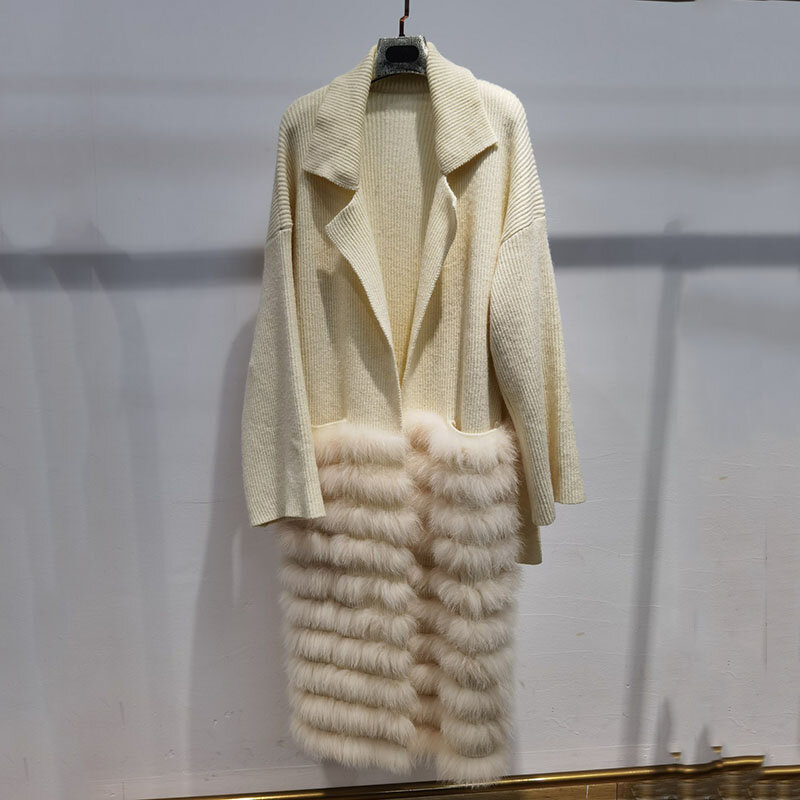 Manteau en fourrure de renard véritable pour femme, pull long, rayure cousue, manches longues, cardigan combiné, vêtements d'extérieur d'automne