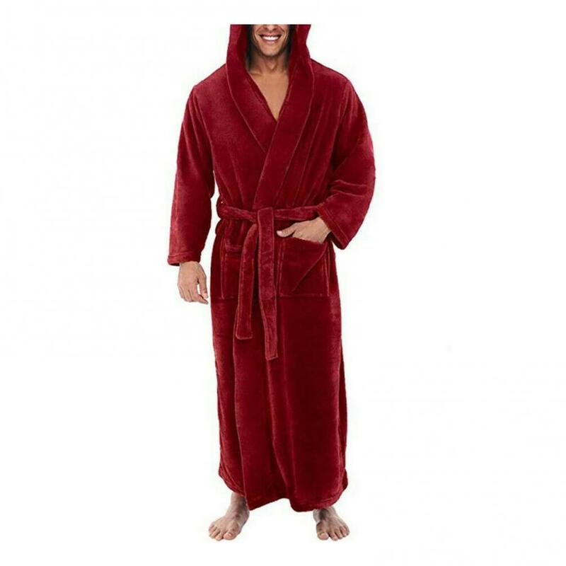 Pockets Sleepwear Soft Solid Color Men Coral Fleece Long Bath Robe Home Gown Sleepwear