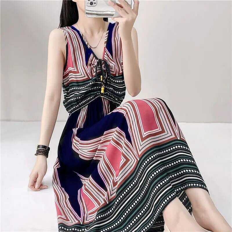 Vintage Printed V-Neck Shirring Lace Up Bow Sleeveless Dress Women's Clothing 2024 Summer New Loose Office Lady Floral Dress