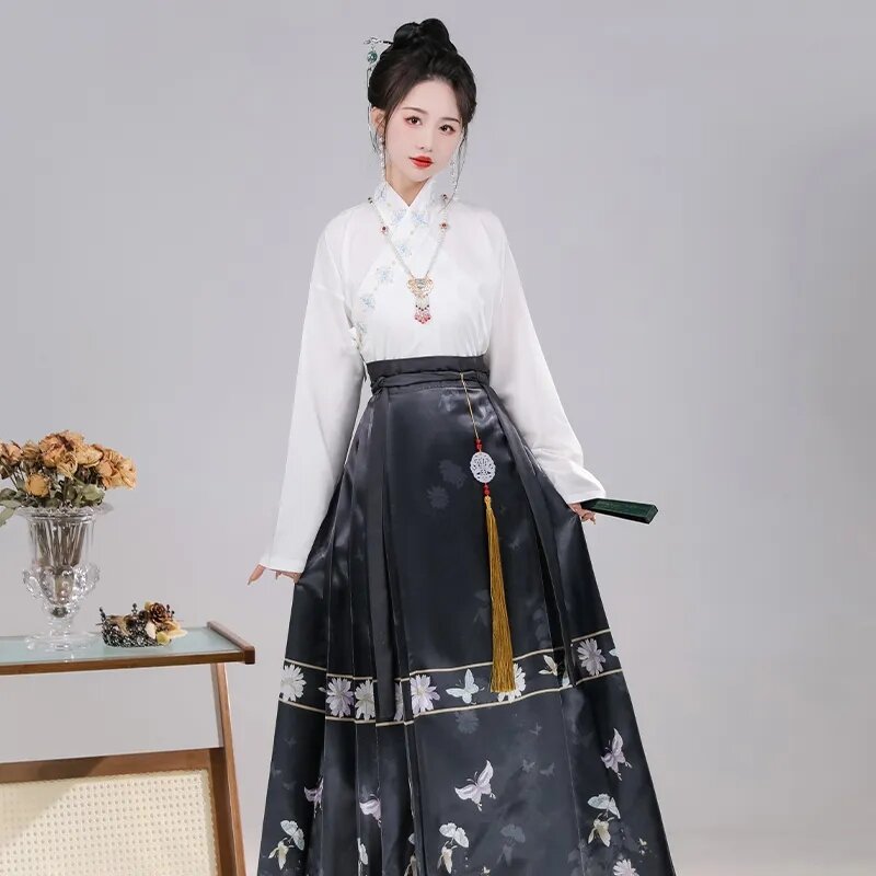 هانفو-مجموعة نسائية أصلية من قطعتين ، فستان تخرج للرقص ، زهرة حب فراشة ، تنورة وجه حصان صيني قديم ، فستان فضفاض جديد