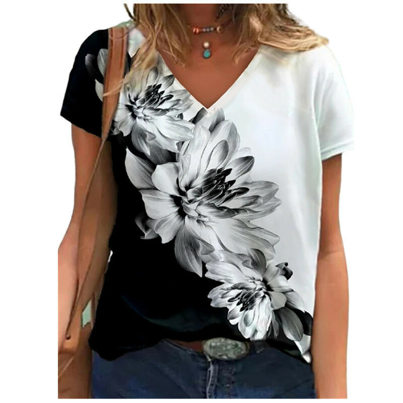 Damska koszulka z krótkim rękawem i dekoltem w szpic, letnia casual, różowe kwiaty z nadrukiem 3D, modna, Harajuku