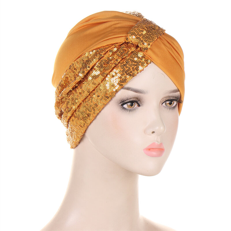 Glitter Pailletten Dames Tulband Caps Moslim Mode Knoop Hoofd Wraps Indian Hoed Islamitische Hoofddeksels Chemo Cap Dame Haaraccessoires