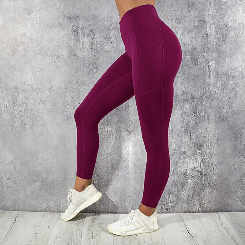Celana olahraga Yoga wanita, celana Fitness lari wanita warna polos, kantong ponsel samping elastisitas tinggi 2023