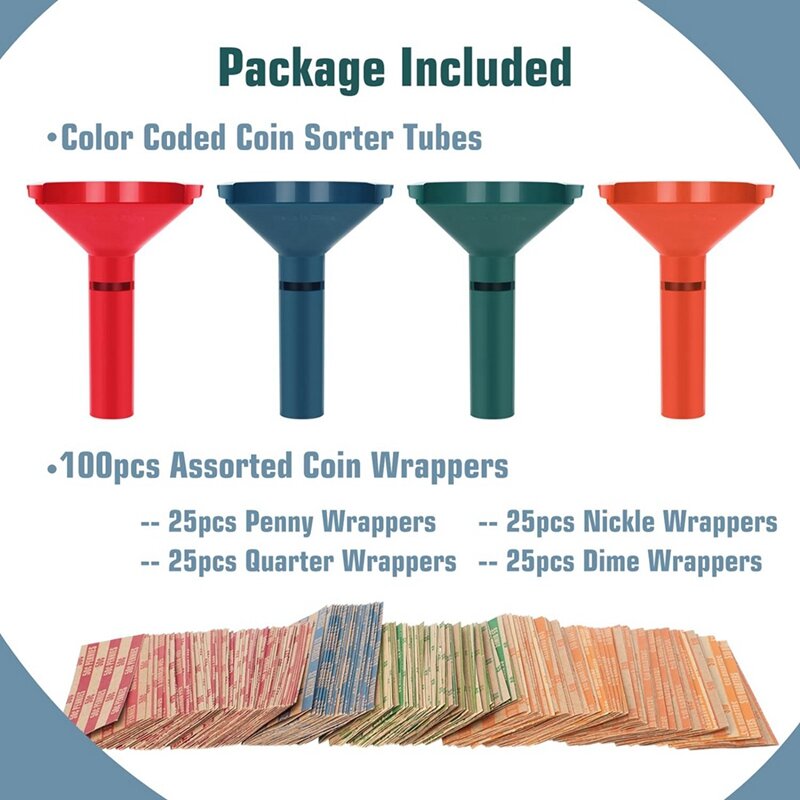 Coin Sorter Tubes com Wrappers Assorted, Níquel Quarter Dime e Penny, Conjunto de 4, 100Pcs