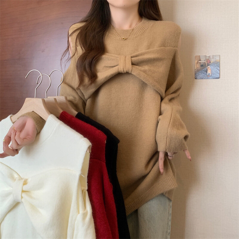 Maglione a maniche lunghe con fiocco allentato lavorato a maglia da donna di grandi dimensioni 2023 nuovo stile sorella grassa tinta unita