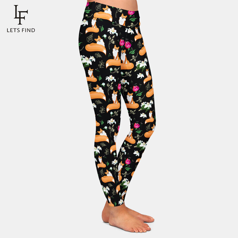 LETSFIND-하이웨스트 여우와 꽃 프린트 레깅스 여성용, 패션, 탄성, 블랙