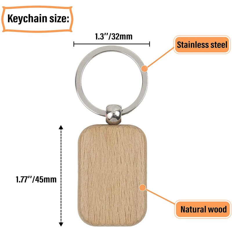 Em branco retângulo arredondado madeira Keychain, DIY Tag chave, pode ser gravado, presente, 60pcs
