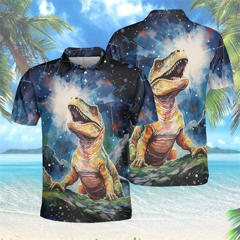 Футболка-поло мужская с изображением острова динозавров, модная рубашка-поло в стиле Харадзюку, с коротким рукавом и граффити, лето