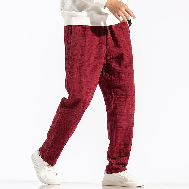 Chinese Style Cotton Linen Casual Pants Men Vintage Jacquard Loose Straight Leg Pants Solid Color Full Length Pant Trousers