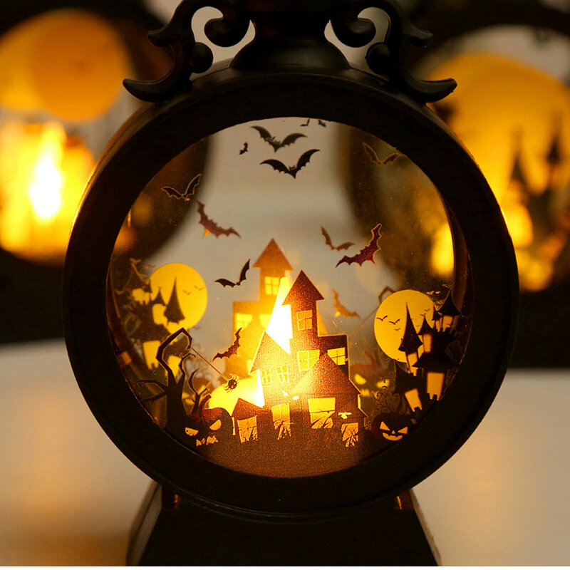 Linterna de calabaza de bruja de Halloween, farol LED redondo Retro, vela electrónica portátil, luz nocturna para decoraciones de fiesta