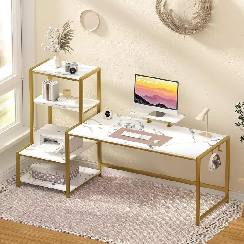 Computer Desk with Storage Printer Shelf, 67 inch Home Office Vanity Desk with Movable Monitor Stand