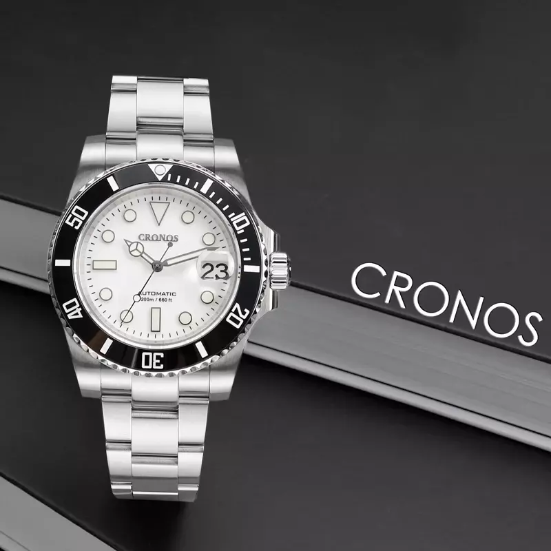 Cronos Sub nurek męski zegarek z białą tarczą ceramiczna ramka szkiełka zegarka 200m wodoodporna, szczotkowana bransoletka L6005 PT5000 automatyczny zegarek