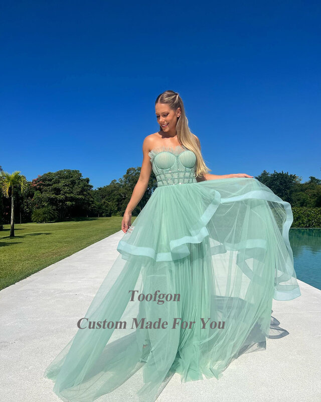 Toofgon-女性のためのフォーマルなチュールのイブニングドレス,ミントグリーン,ラインフリル付きのエレガントなウェディングドレス,特別なイブニングウェア
