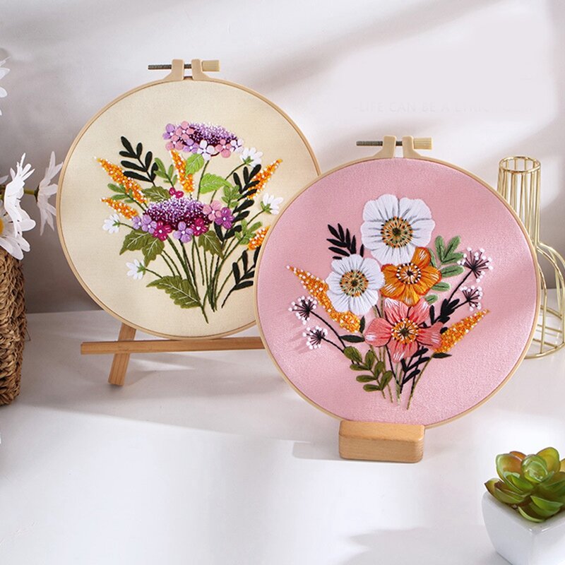 5 zestawów zestaw do haftowania zestaw dla początkujących dorosłych, zawiera wytłoczony wzór kwiatowy, obręcz, kolorowe nici, narzędzia, doskonałe wykonanie