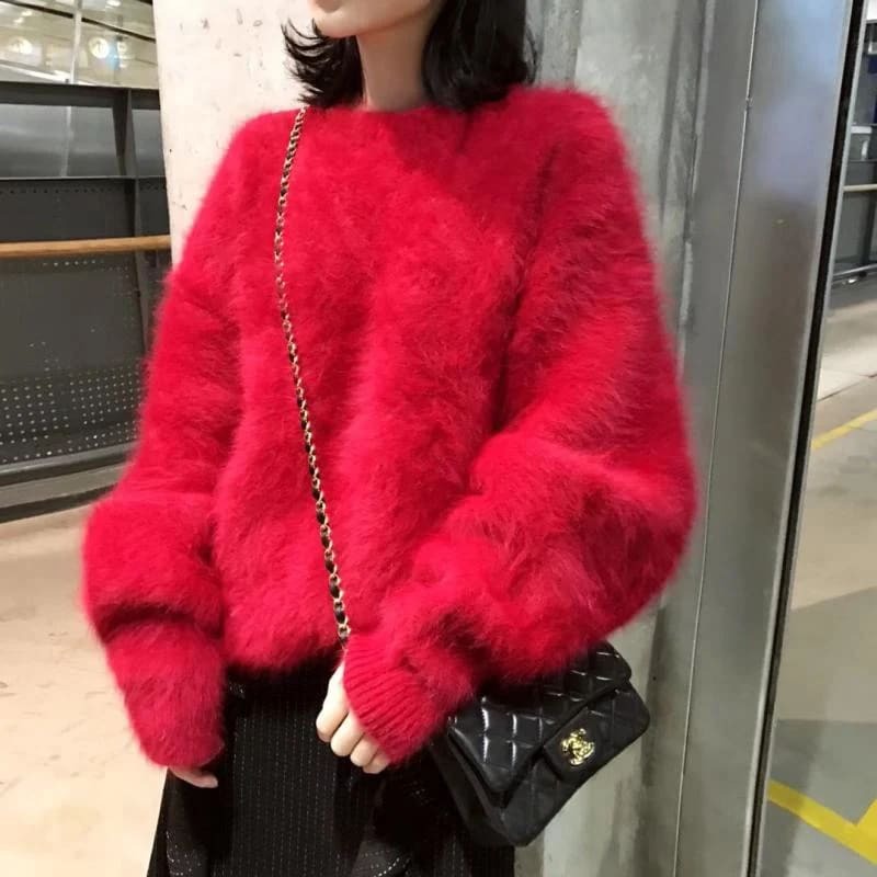 2023 New Year Sweaters For Women High Quality Autumn Winter Mohair Knitted Thick Warm Red Loose Mink Cashmere Pullovers