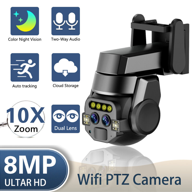 Câmera de Segurança de Vigilância ao Ar Livre, CCTV Video Camara, Visão Noturna Colorida, Lente Dupla, WiFi, IP PTZ, 8MP, 4K, Zoom Digital 10x, 4MP, 2K