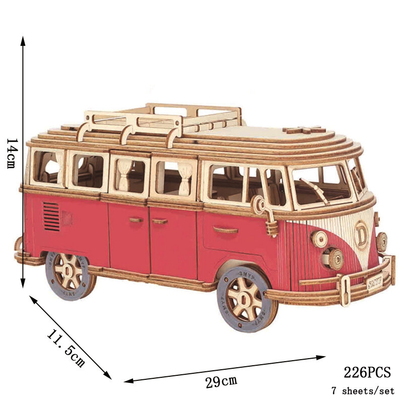 Puzzle 3D de voiture en bois pour enfants, bus rétro, camping-car de style européen, bricolage, voile, soleil, avion, construction, modèle de maison, jouets de puzzle