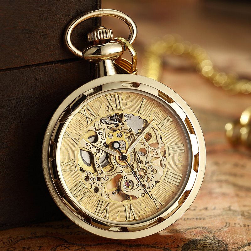 Luxo dourado relógio de bolso mecânico para homens mulheres liso vintage numeral romano mostrador homem fob cadeia pingente 2023
