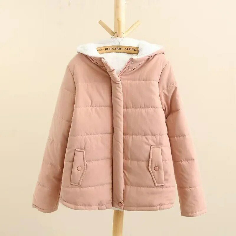 Abrigo grueso de lana de algodón con capucha para mujer, chaqueta acolchada de manga larga, estilo universitario, otoño e invierno, 2024