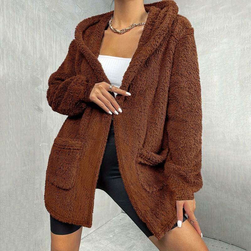 Casaco com capuz de comprimento médio feminino, manga comprida, casaco de pelúcia, monocromático, frente aberta, solto, casacos casuais, outono, inverno