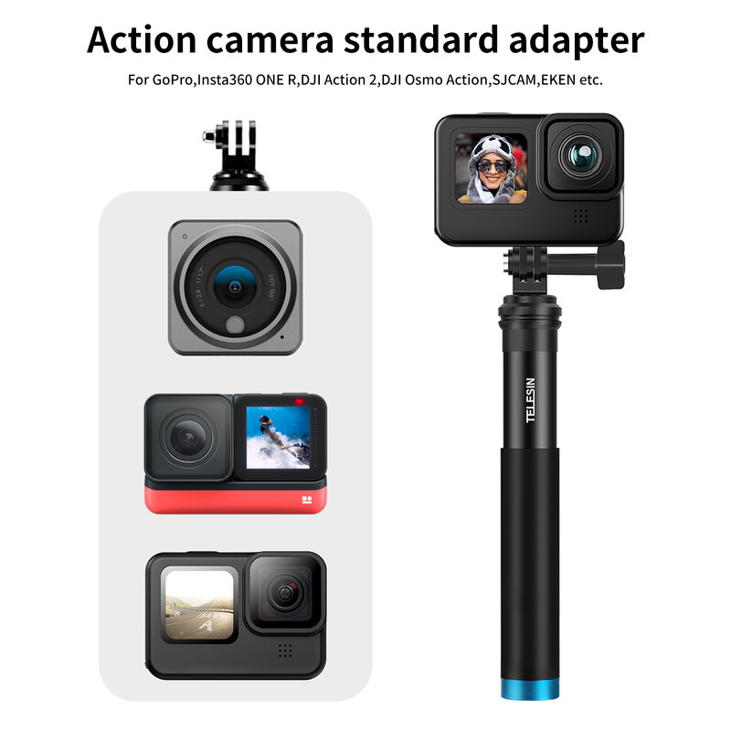 TELESIN Aluminum Alloy Extendable Handheld Selfie Stick Telescoping Pole for GoPro Hero 12 11 10 9 8 7 6 5 Insta360 Osmo Action