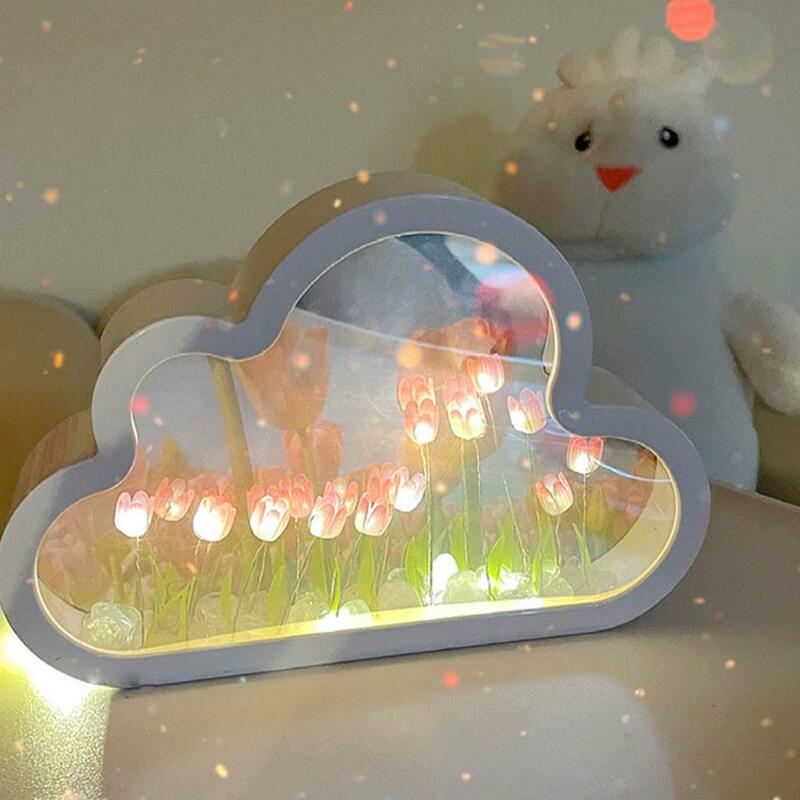 Handmade Cloud-Shaped Night Light, DIY Tulipa, pequeno espelho, DesktopLight-Emitting Ornamentos, Presentes Criativos