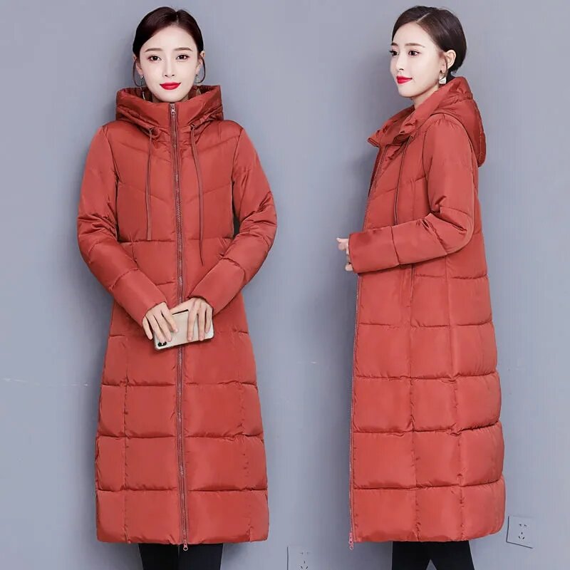 Abrigos largos de plumón para mujer, chaqueta cálida de algodón con capucha, Parka ajustada para la nieve, prendas de vestir coreanas de gran tamaño, invierno, 2023