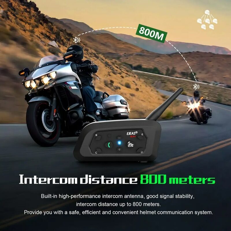 EJEAS V6 PRO + Motorfiets Intercom Helm Bluetooth Headset 6 Rijders 800m Communicator Waterdichte V5.1 Muziekspeler Interphone