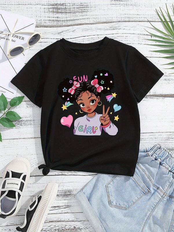 Adorable Black Girl Heart graphic Tee Casual Comfy Short Sleeve Trendy Crew Neck Girls Everyday Playtime Fashion Tee Tops