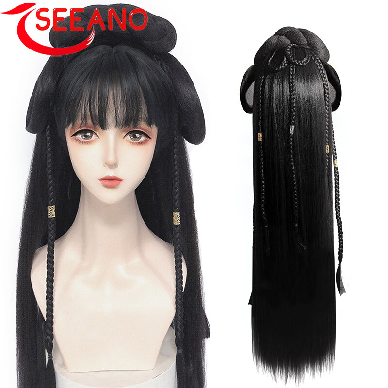 SEEANO-Diadema de peluca Hanfu para mujer, pieza de cabello sintético de estilo chino, almohadilla de modelado antiguo, accesorios para el cabello, tocado negro