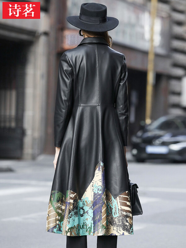 Nowy 2023 nowy prawdziwy płaszcz skórzany damski długi nadrukowana moda smukły płaszcz z owczej skóry