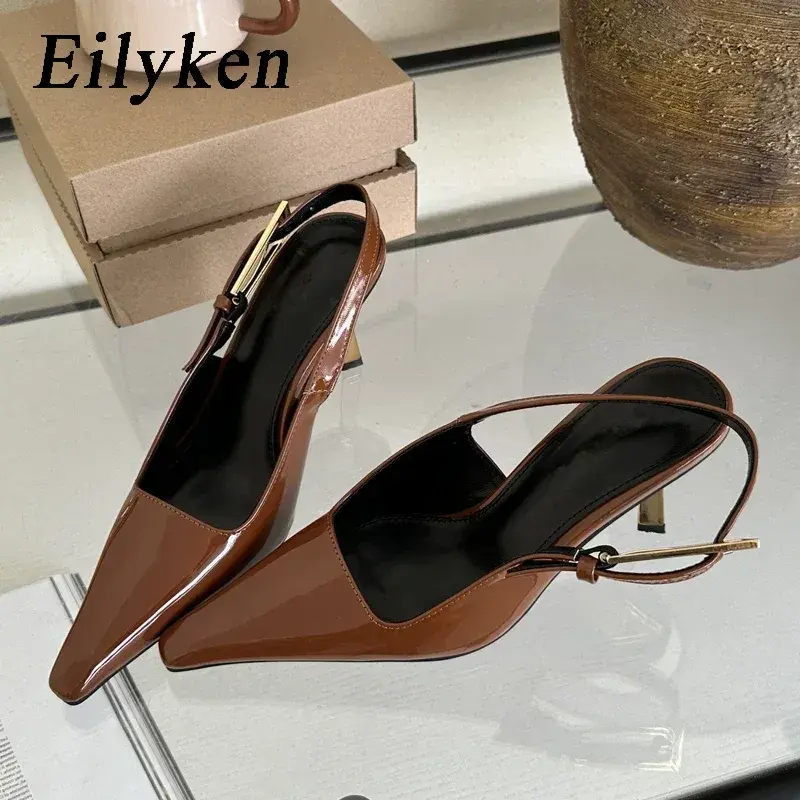 Eilyken mulheres sapatos de salto alto com dedo apontado e fivela de metal, estilo de rua sexy