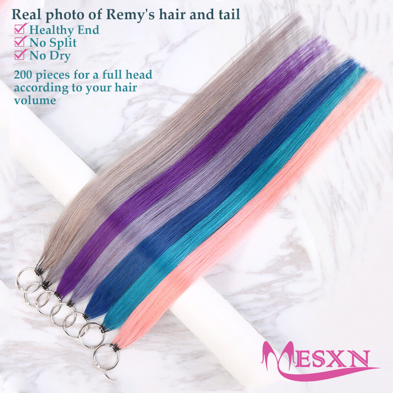 MESXN Color Feather hair extensions Straight Natural Real Human Microring Hair Extensions Color Purple Blue Pink Gray 18-20inch