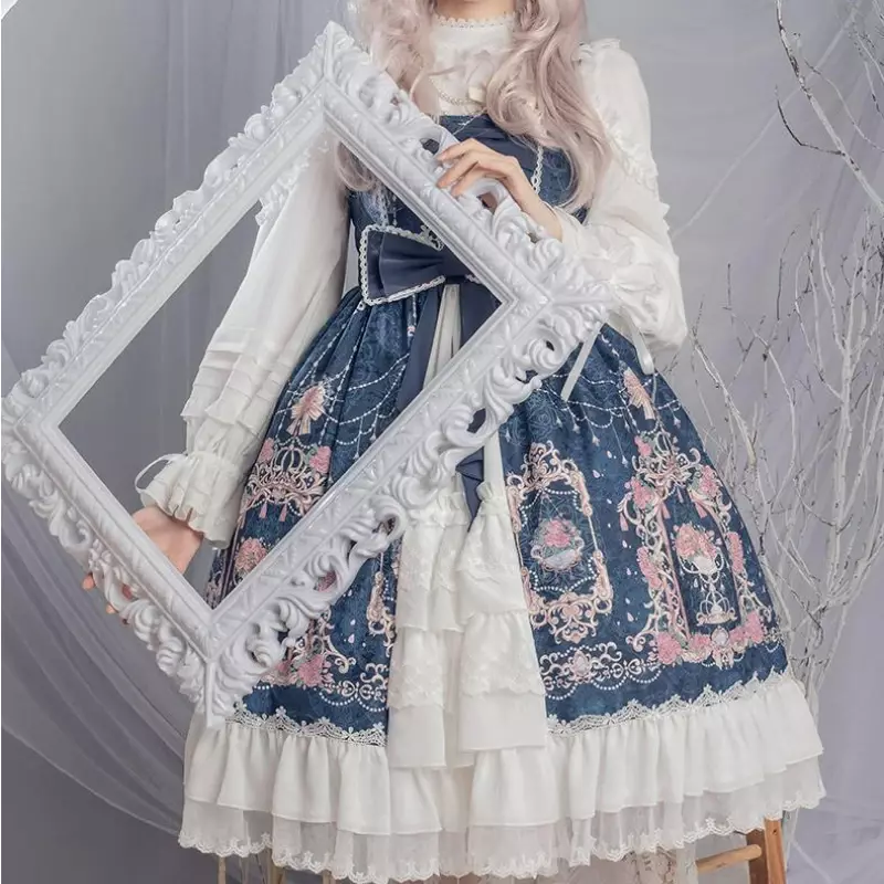 Japanische elegante Vintage-Stil Lolita Jsk Kleid Frauen Kawaii Bogen Blumen druck Cosplay Kleider süßes Mädchen Gothic Y2k Riemen Kleid