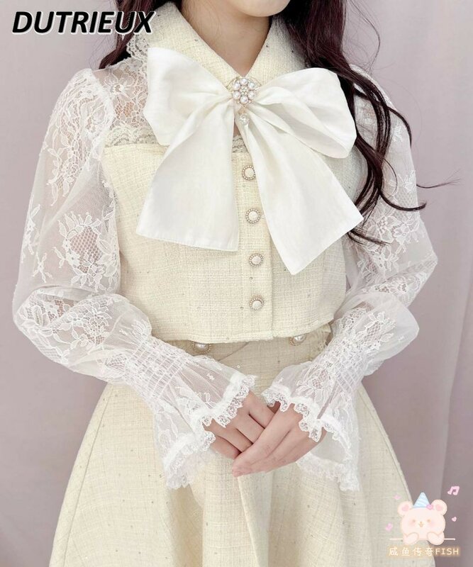 Japanese Bow Brooch Lace Stitching Fake Two-Piece Long-Sleeved Shirt Mine Series Mass-Produced Sweet Cute Girls Short Top