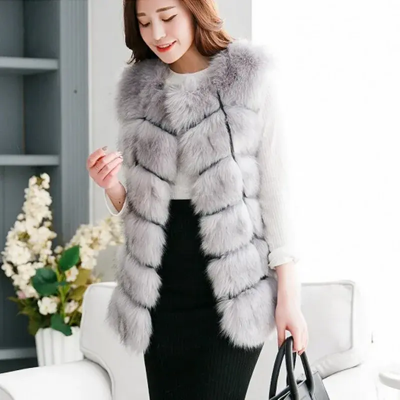 High Quality Women Fashion Faux Fur Vest Coat Elegant Lady Casual Soft Plush Jacket Coat Luxurious Sleeveless Fur Coat