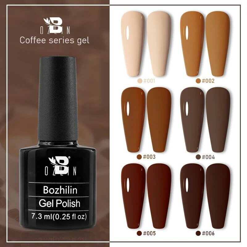 BOZLIN 6 ألوان القهوة البني اللون سلسلة الخريف الشتاء مسمار الفن مانيكير نقع قبالة UV LED شبه دائمة Gellak مسمار البولندية
