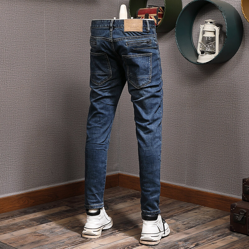 Pantalones vaqueros rasgados de estilo Hip Hop para Hombre, Jeans elásticos de estilo Retro azul, ajustados, empalmados, con cremallera de diseñador