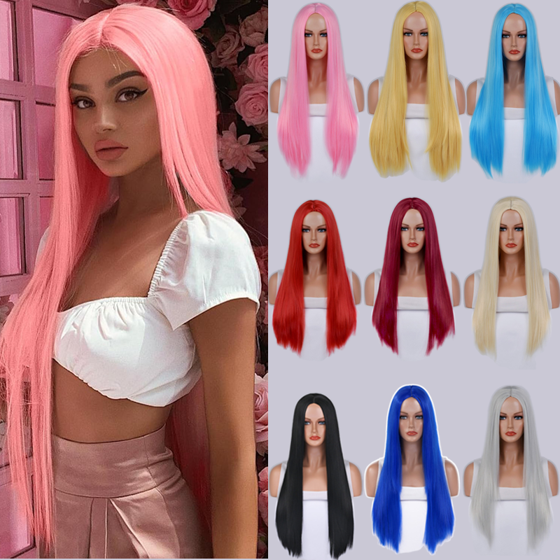 80CM Long Straight Cosplay Wig with Middle Part Woman Anime Ombre Hallowmas Lolita Synthetic Wig Pink  Red Heat Resistant Hair