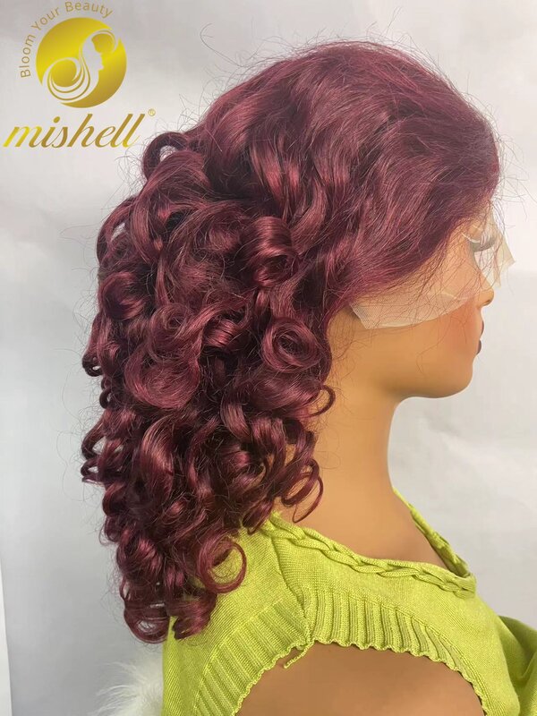 باروكات شعر بشري مجعد بورجوندي للنساء ، باروكة بدانتيل أمامي شفاف ، باروكات ربيعية ملونة ، 99J ، 13x4 ، كثافة