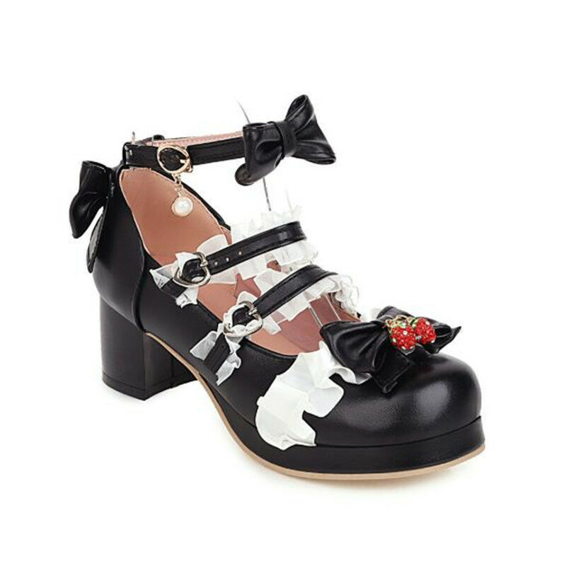 Chaussures Lolita Mary Janes pour filles, à volants avec nœud fraise, chaussures de fête de mariage pour femmes, talons hauts, Cosplay, grande taille 31 à 43