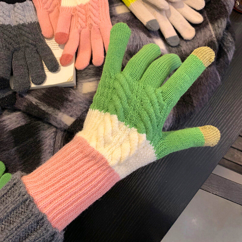 Women's Winter Warmer Knitted Gloves Thicken Color Matching Wool Knitting Full Five-Finger Gloves Touch Screen Cycling Mittens