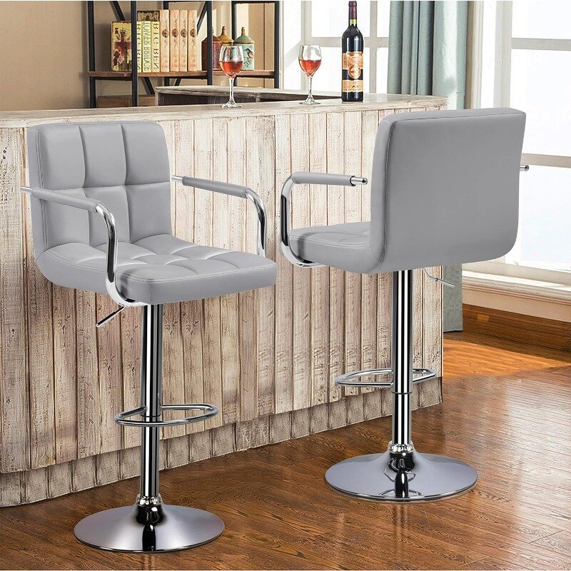 Bangku Bar tinggi Set 2 bangku kulit PU kotak Modern, bangku Bar tinggi dapat disesuaikan dengan lengan dan kursi Bar belakang 360
