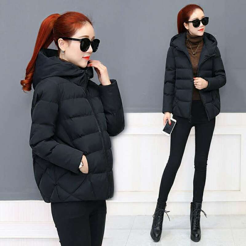 Abrigo de algodón con capucha para mujer, chaqueta cálida informal, ropa de abrigo negra, moda de invierno, VA1165