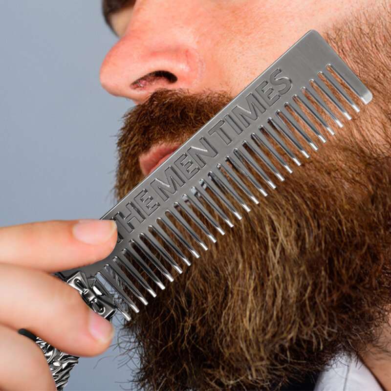 Peine de Metal para hombres, peine de barba, peinado de espalda grande, aceite para el cabello, cuidado del bigote, herramientas de modelado, tamaño de bolsillo, plateado, 1 pieza