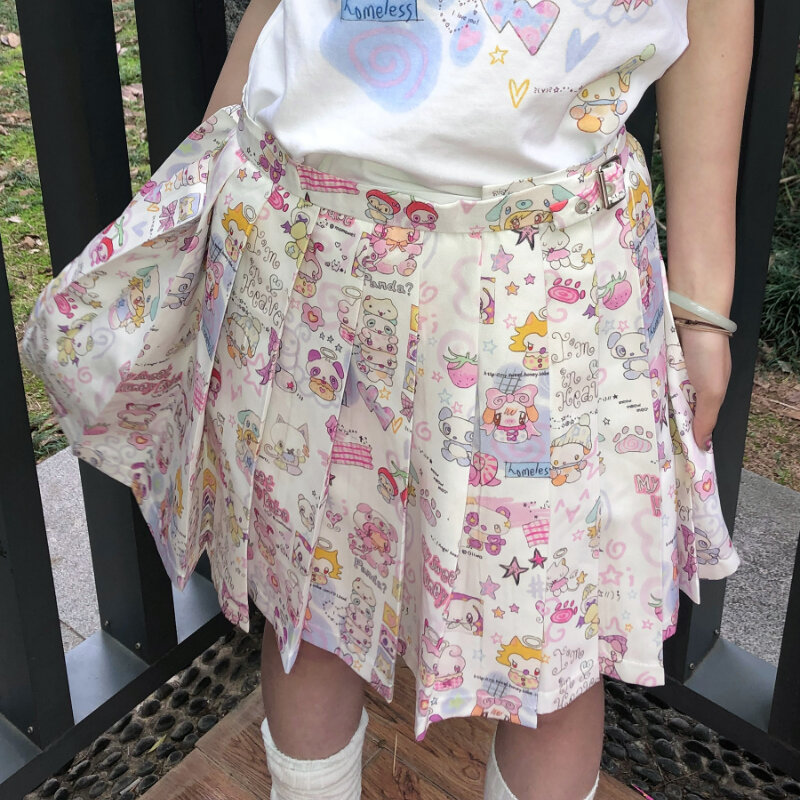 일본 하라주쿠 Y2k 로리타 미니 스커트, 여성 고딕 스트리트웨어, 카튼 프린트 플리츠 스커트, 귀엽고 귀여운 하이웨이스트 스커트