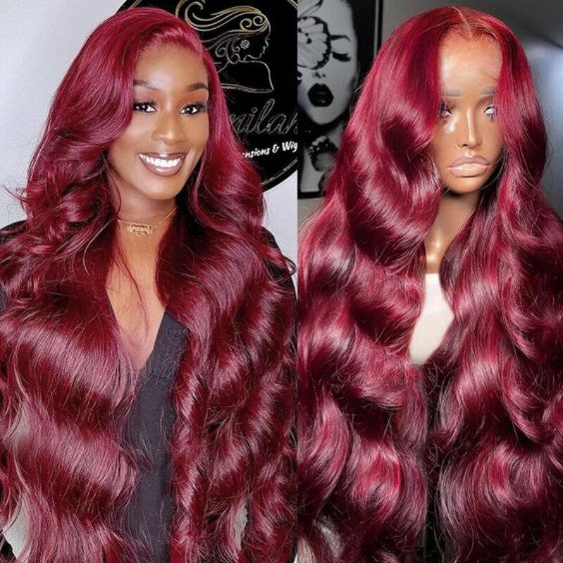 Peluca Frontal de encaje rojo vino largo rizado para mujer, cabello humano suave ondulado, pelucas de encaje sintético para Cosplay